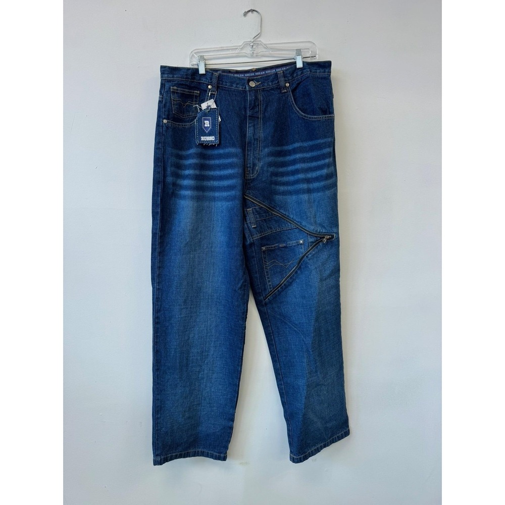 Russo Jean Jeans Mens‎ 38x34 Blue Denim Diagonal Zip Panel Y2K Baggy Streetwear